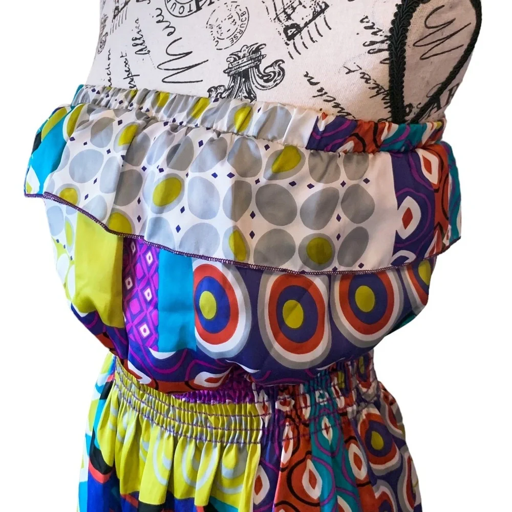 3 for 30 💥 Ventti VTG Satin Strapless Colorful Mini Dress Circus Print Purple - Picture 14 of 16